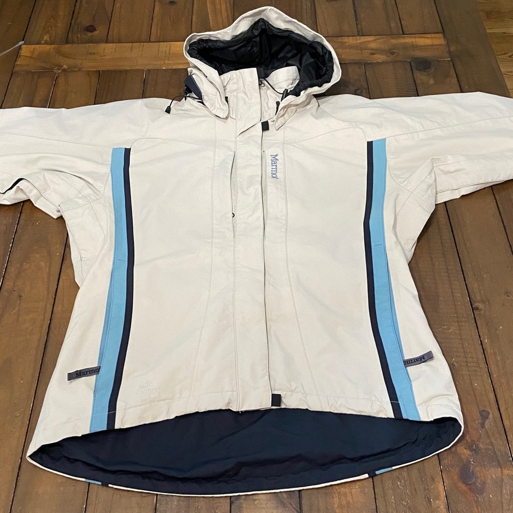 Marmot Gore-Tex Outlast Ski Jacket Womens Medium Cream Blue Hooded Shell Coat